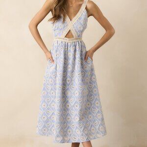 Red Dress A Touch Of Grace Periwinkle Embroidered Cutout Midi Dress Size LL / Pe